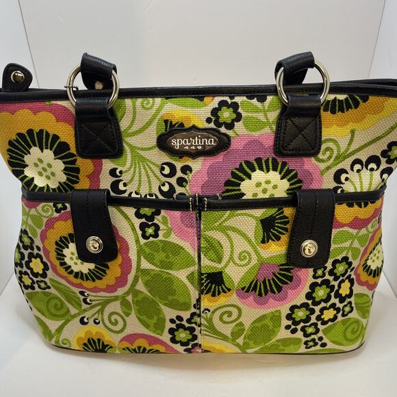 Spartina 449 Purple & Green Floral Linen/Leather Beach Bag or Weekender Tote XL - Picture 1 of 15
